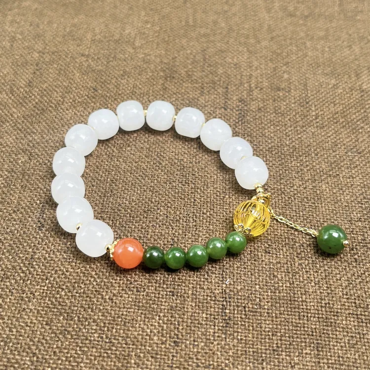 天然和田玉蜜 蜡手串白玉老型珠9*10设计款手链轻奢气质时尚精美