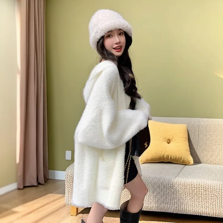 高级感水貂绒连帽针织开衫女秋宽松慵懒风奶fufu毛衣中长款外套厚