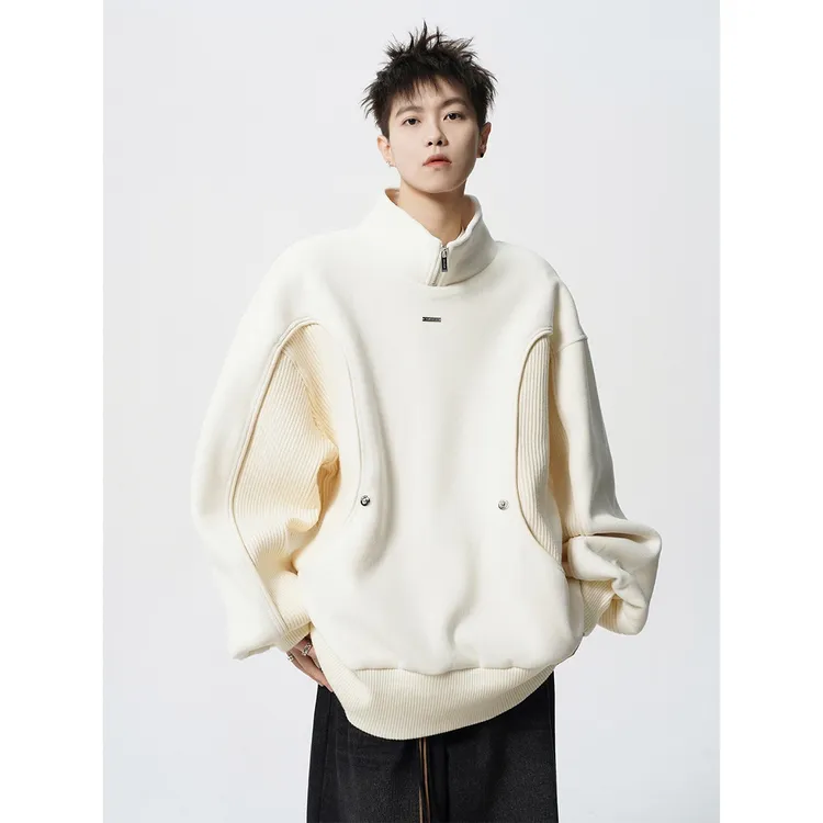 美式潮牌半拉链卫衣男冬高街oversize加厚立领外套设计感拼接上衣