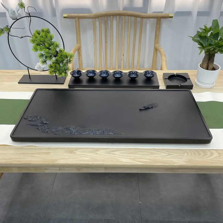 江船乌金石天然石茶盘立体浮雕茶盘排水式茶具家用方形茶盘创意