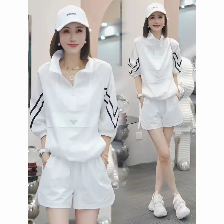 韩版条纹运动服套装女2024年夏季新款气质减龄半拉链卫衣两件套潮