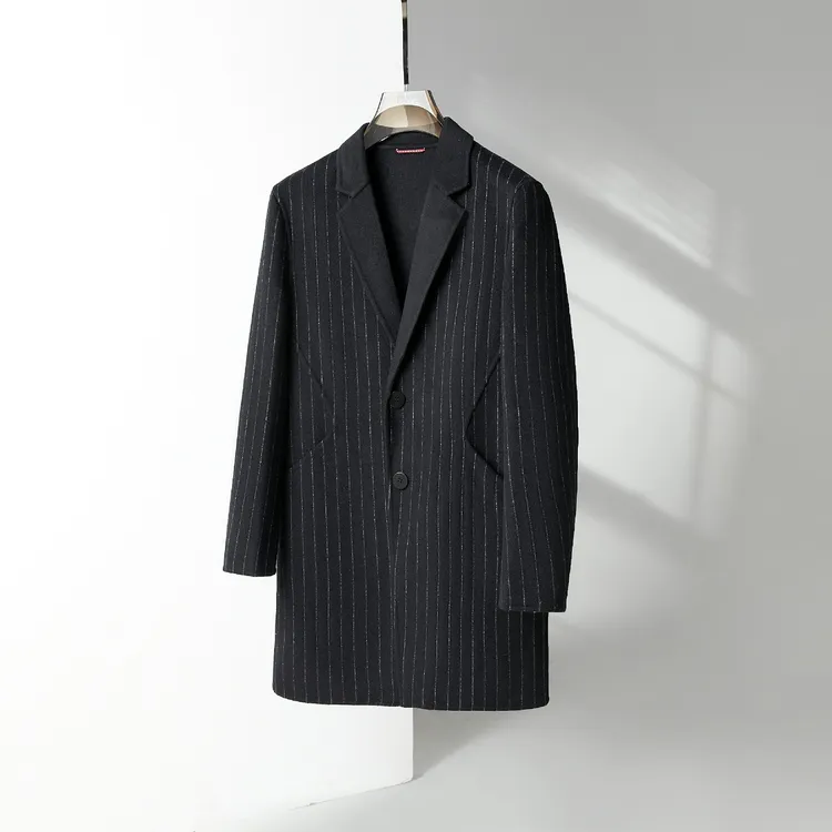 霸道总裁竖条纹西装领双面尼黑色中长修身商务秋冬羊毛大衣GS9122
