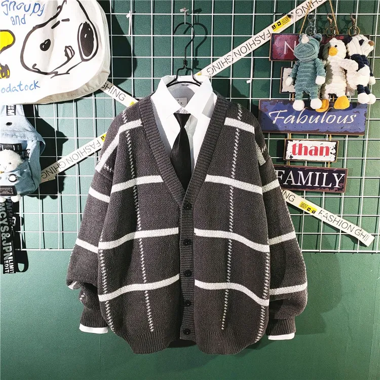 秋冬季慵懒风加厚格子开衫毛衣外套男日系复古宽松长袖V领针织衫