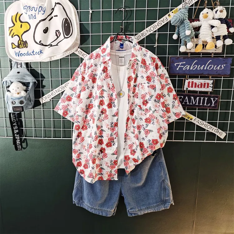 港风冰丝碎花短袖衬衫宽松休闲三件套装男女夏季帅气度假风一整套