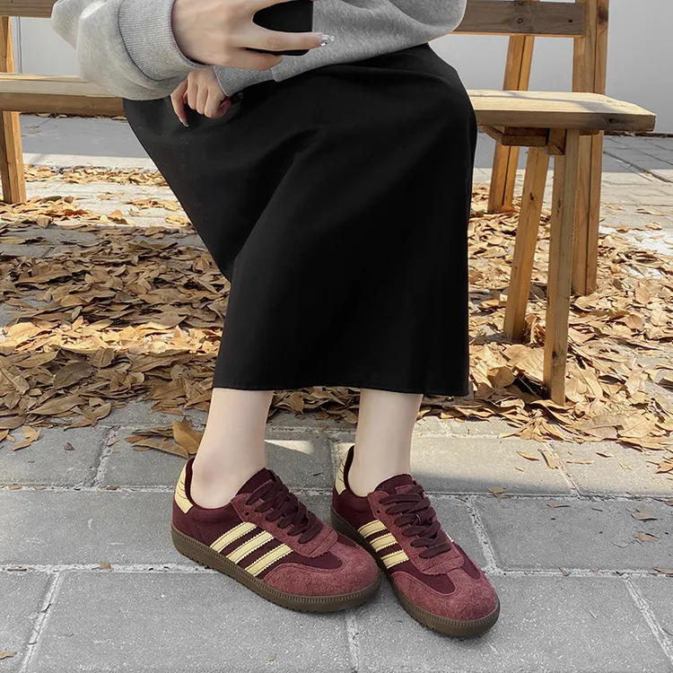 真皮复古安可拉红色德训鞋女2024秋冬安哥拉红休闲板鞋运动阿甘鞋