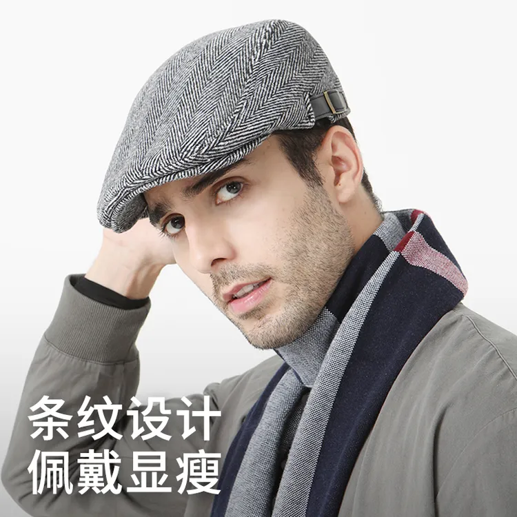 路瓦品牌帽子男冬季加厚加绒保暖贝雷帽高档羊毛呢中老年鸭舌帽潮