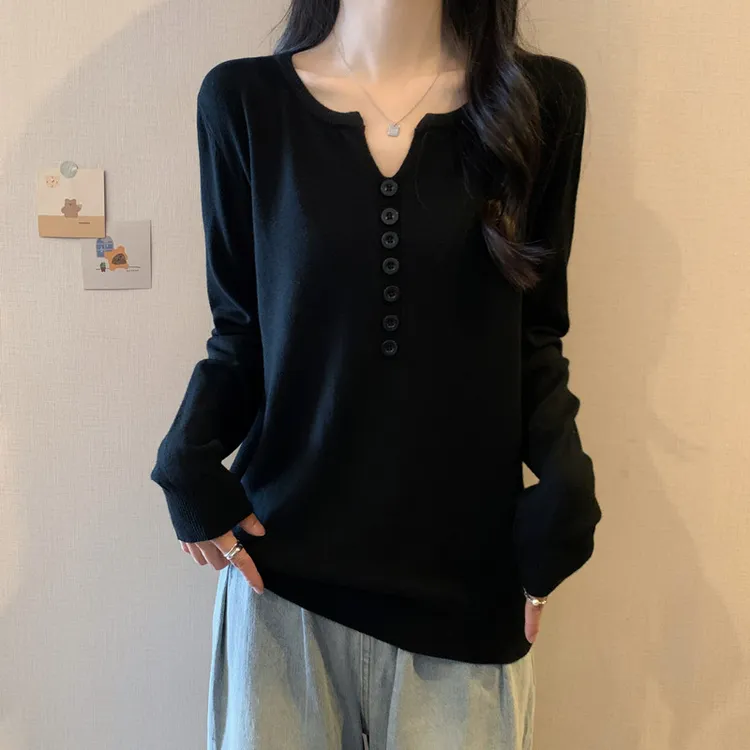 大码秋季新款V领长袖针织衫女胖妹妹洋气减龄显瘦遮肚子打底毛衣