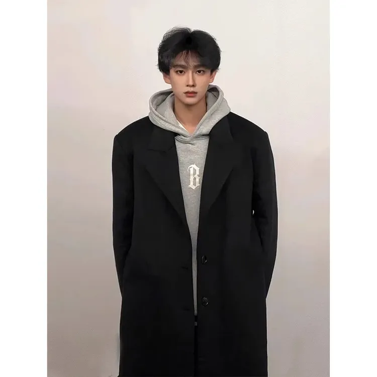 cleanfit黑色毛呢大衣男秋冬季加厚高级感英伦风衣中长款呢子外套