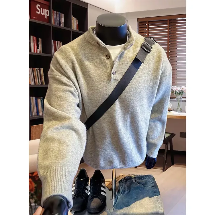 美式复古花灰色亨利领毛衣男秋冬高级感慵懒风cleanfit内搭针织衫