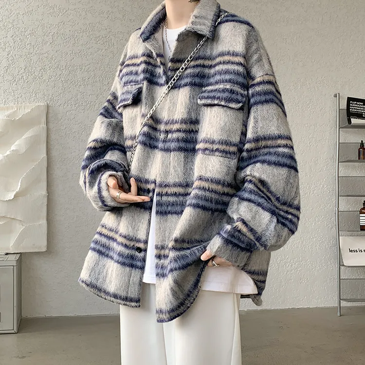 美式复古青少年毛呢外套男秋冬新款加棉加厚高级情侣格子工装夹克