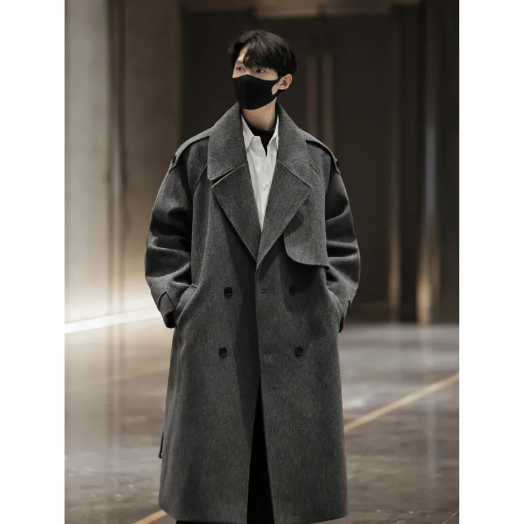 韩系中长款毛呢大衣外套男款秋冬潮牌加厚高级感痞帅过膝呢子风衣