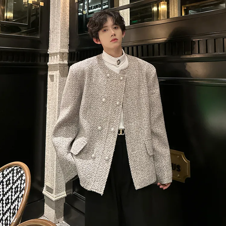 小香风垫肩毛呢外套男款秋冬高级感韩系男模穿搭双排扣西装夹克潮