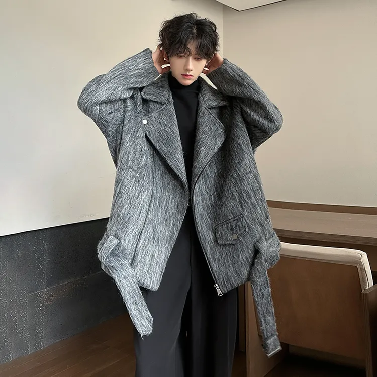 扎染毛呢外套男2024秋冬季新款加厚痞帅潮牌百搭宽松休闲翻领夹克