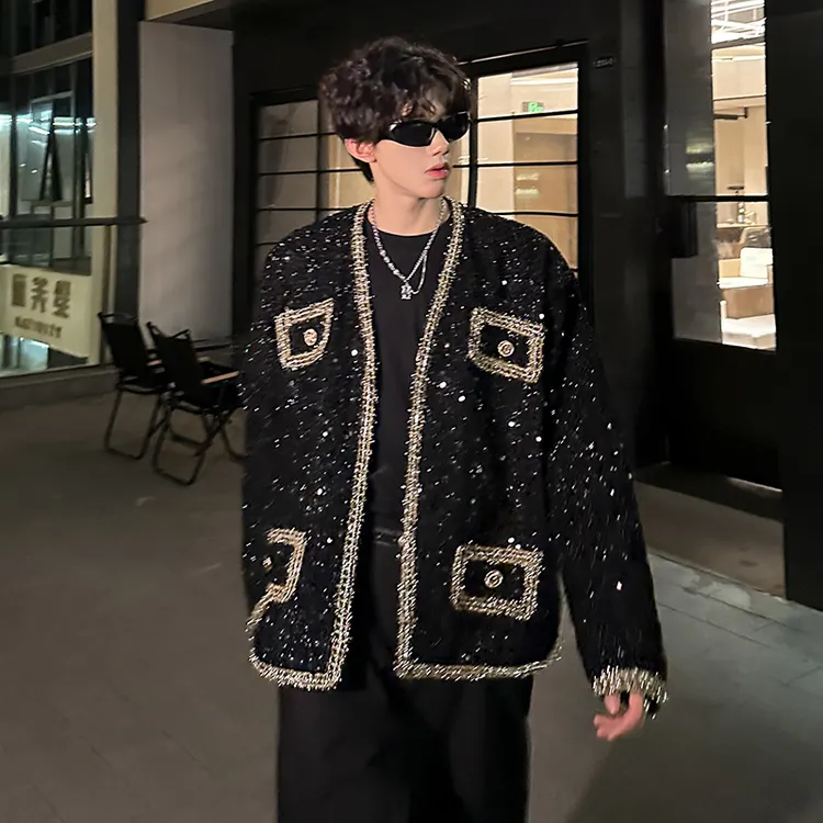 cleanfit短款垫肩外套男春秋痞帅高级感潮牌男模穿搭粗花亮片夹克