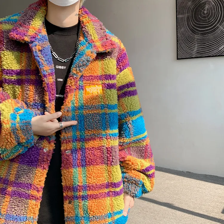 多巴胺彩色格纹羊羔绒外套男冬季加厚保暖翻领棉衣高级感慵懒棉服