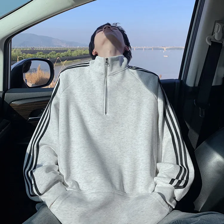 美式高街半拉链立领卫衣男款秋季三条杠插肩上衣高街百搭运动外套