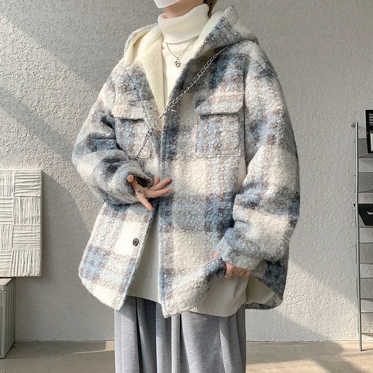小香风格子棉服男冬季加厚保暖羊羔绒外套美式高级感情侣连帽棉衣