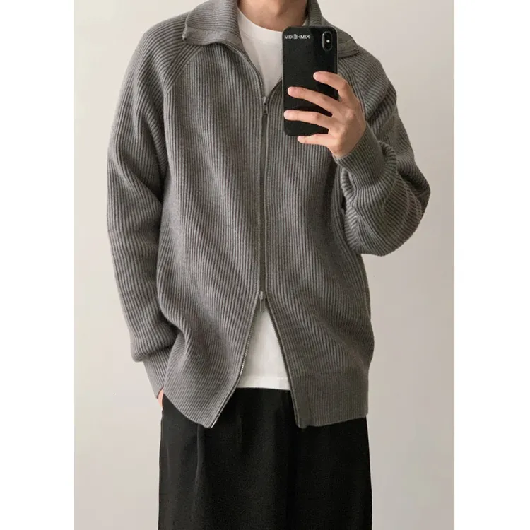 半高领双拉链开衫毛衣男款秋冬cleanfit慵懒风外套美式立领针织衫