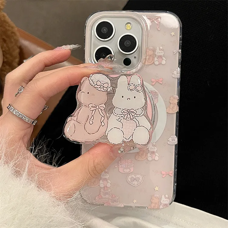 磁吸支架小熊兔子适用iPhone15苹果14Promax手机壳双层13日韩12女