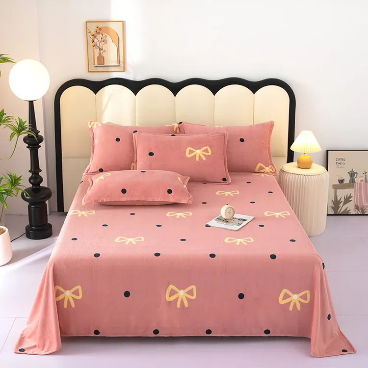 【奕东利】秋冬加厚牛奶绒床单新款毛绒防静电简约直角印花加绒被单