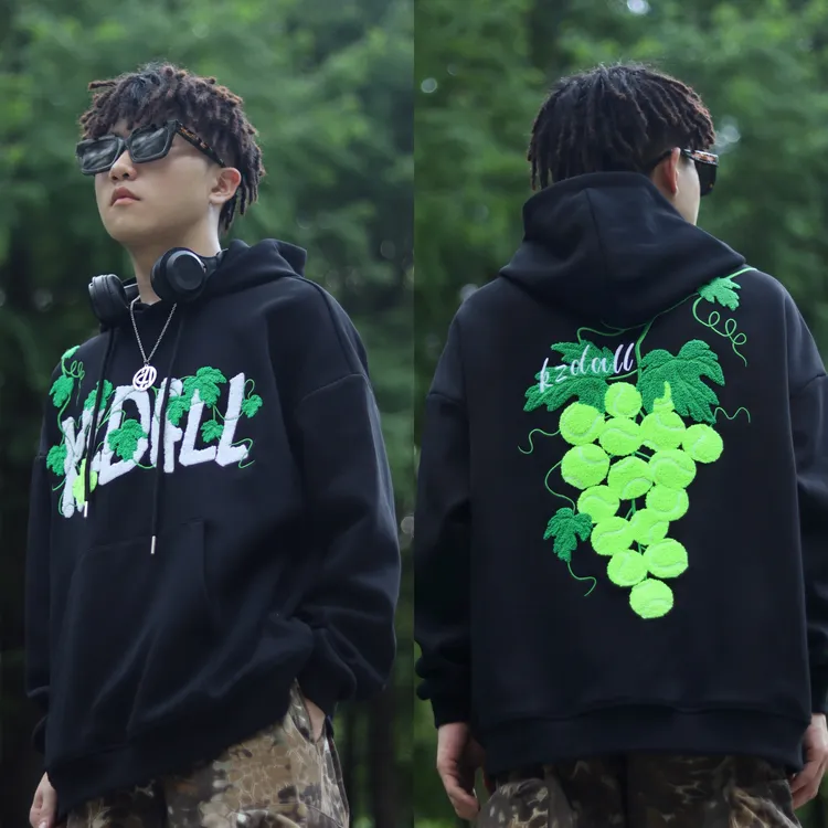 KZDALL原创设计葡萄网球毛巾绣连帽卫衣秋冬美式街头宽松休闲男女