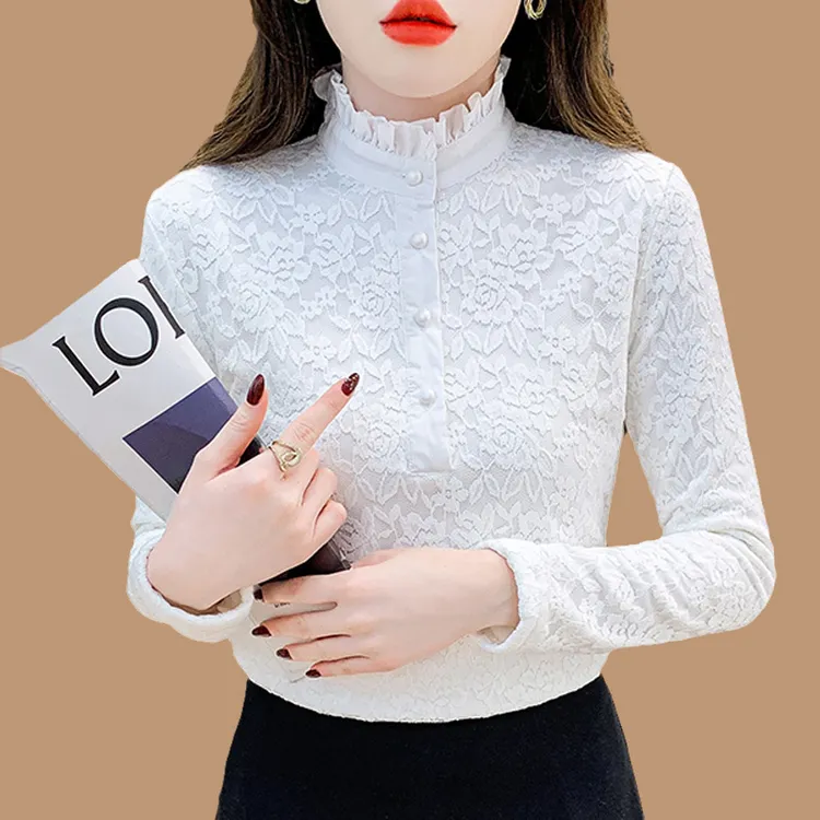 白色加绒打底衫女秋冬洋气新款内搭百搭长袖大码时尚修身蕾丝上衣