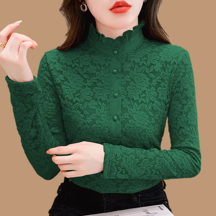 蕾丝打底衫小衫上衣新款女秋冬内搭可外穿妈妈洋气加绒打底衫女