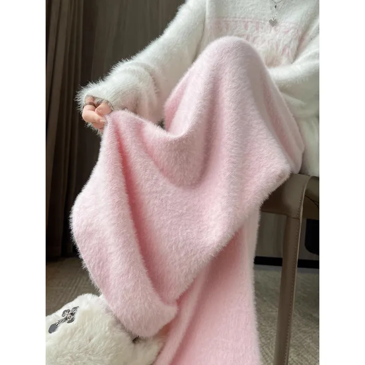 粉色水貂绒裤子女秋冬款加厚软糯针织阔腿裤高腰垂感拖地休闲长裤