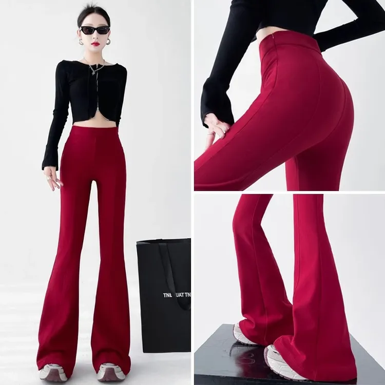 安可拉红休闲西装裤女秋冬加绒微喇叭马蹄裤侧拉链弹力修身拖地裤