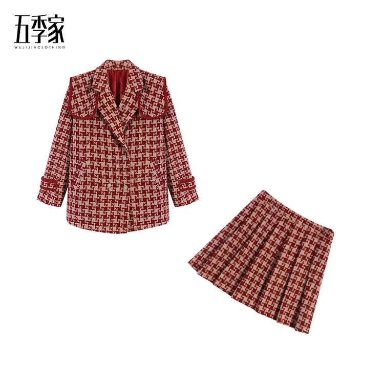 韩系秋冬加厚显瘦外套千鸟格气质百褶裙小香风两件套ZL41234