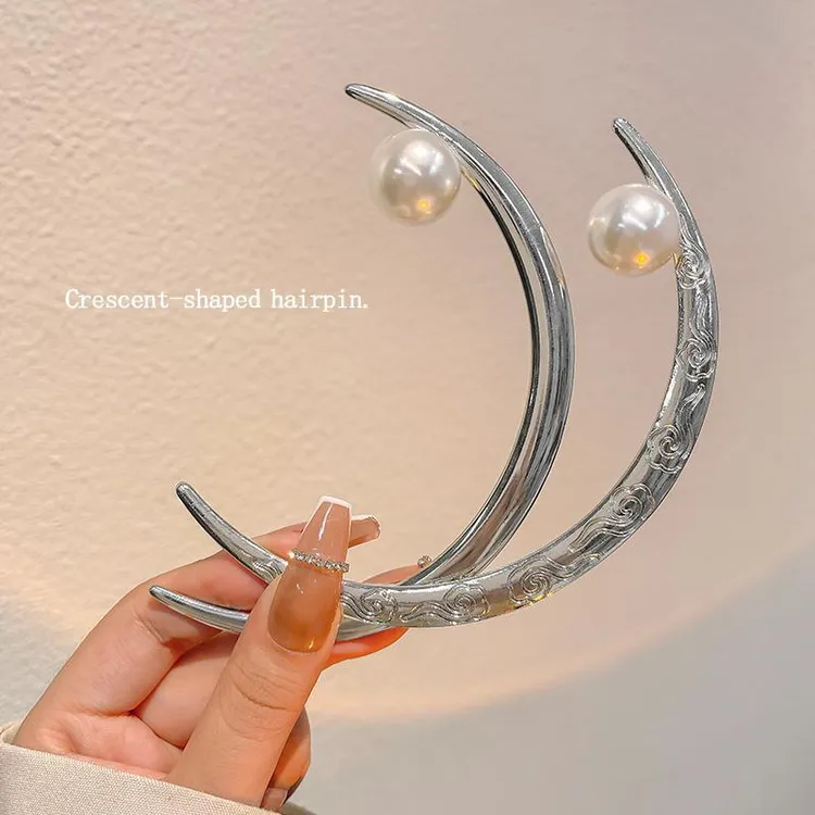 中国风上弦月簪盘发丸子头珍株银色发簪高级感古风弯月发钗子头饰