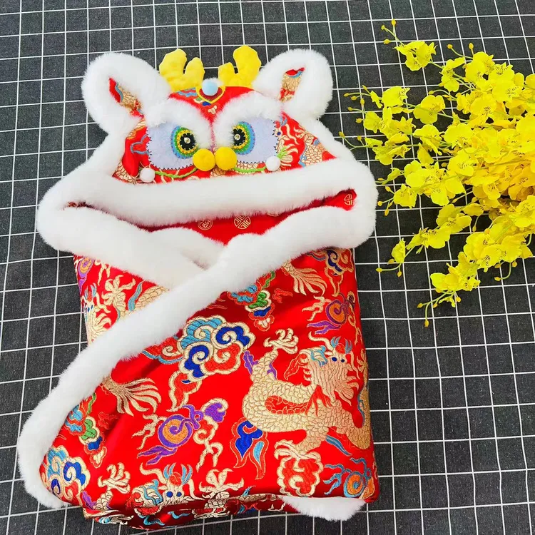 手工婴儿龙头抱被大红满月红色被披风宝宝加厚婴儿被