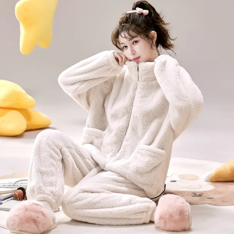 【莫奈灰】毛绒睡衣法兰绒可外穿保暖家居服套装秋冬新款雪花绒女士