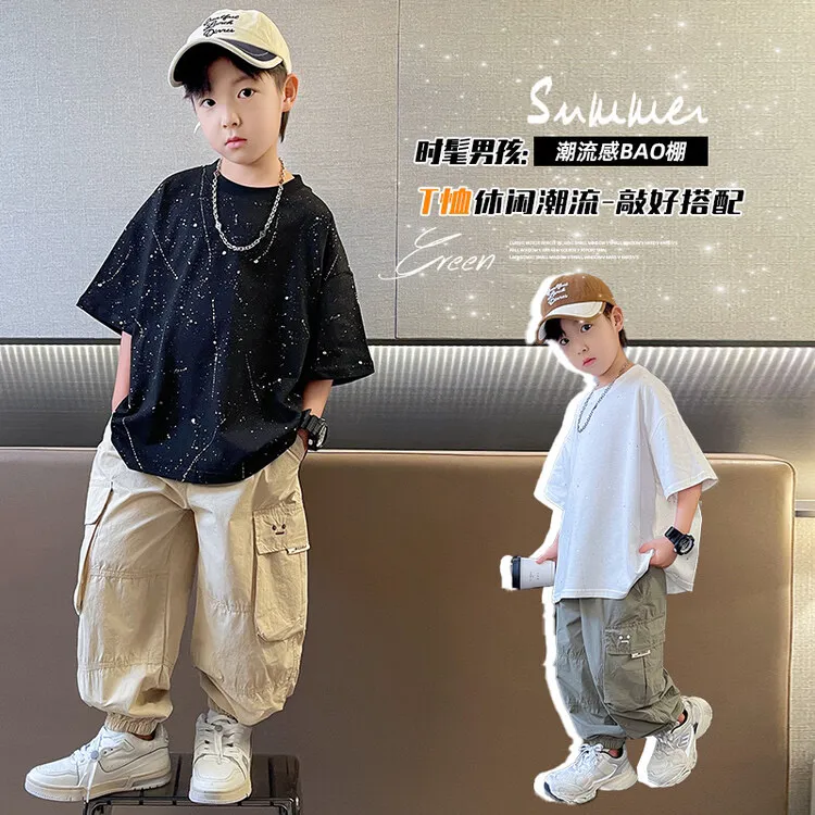 可单卖可套装 男童夏装套装2024新款洋气中大童短袖防蚊裤套装