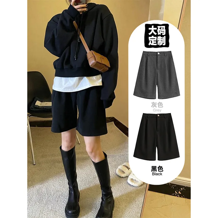 黑色西装短裤女秋冬五分裤a字大码胖mm外穿宽松高腰直筒阔腿中裤