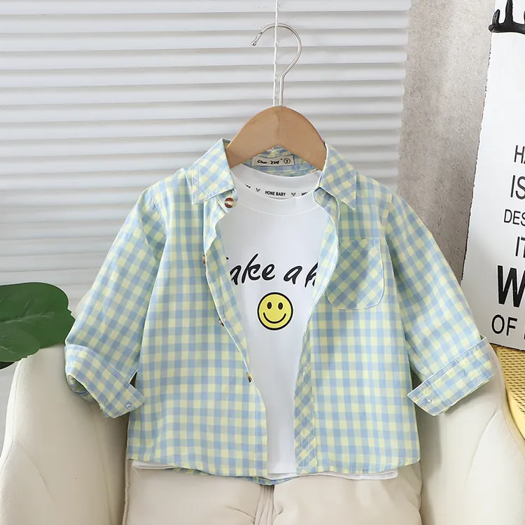 儿童长袖春夏秋格子衬衫男童薄款全棉衬衣宝宝上衣柔软小外套童装