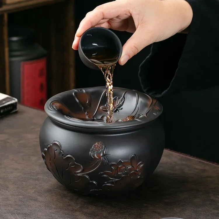 高档紫陶荷韵茶渣缸带盖茶缸大容量废水桶茶杯洗茶道配件茶具