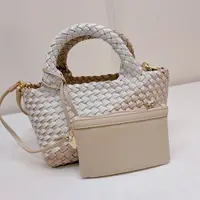 56033 无标白牌，小号米白拼色头层牛皮编织包，尺寸：20x14x11cm