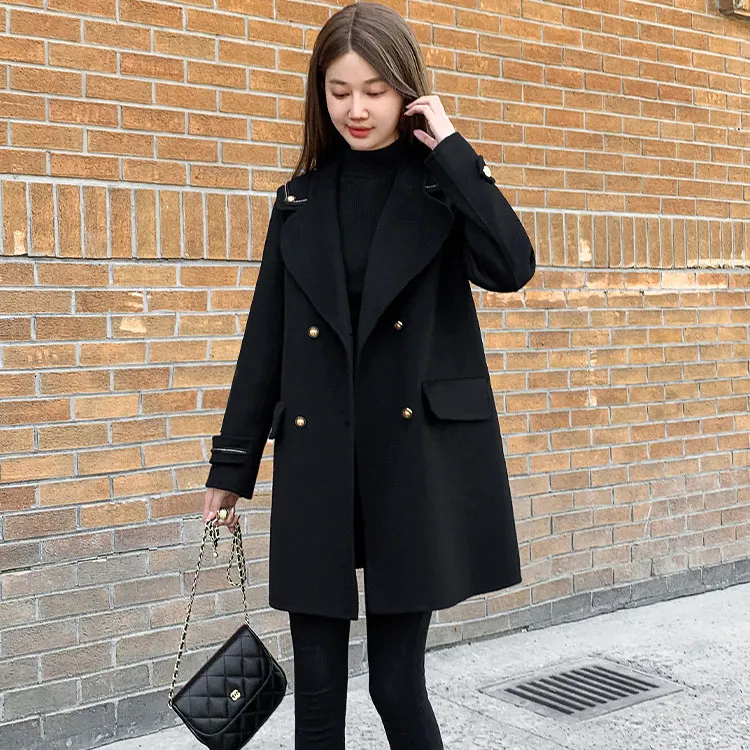 【常规里布/夹棉里布】赫本风黑色西装领毛呢外套女中长款2024秋冬