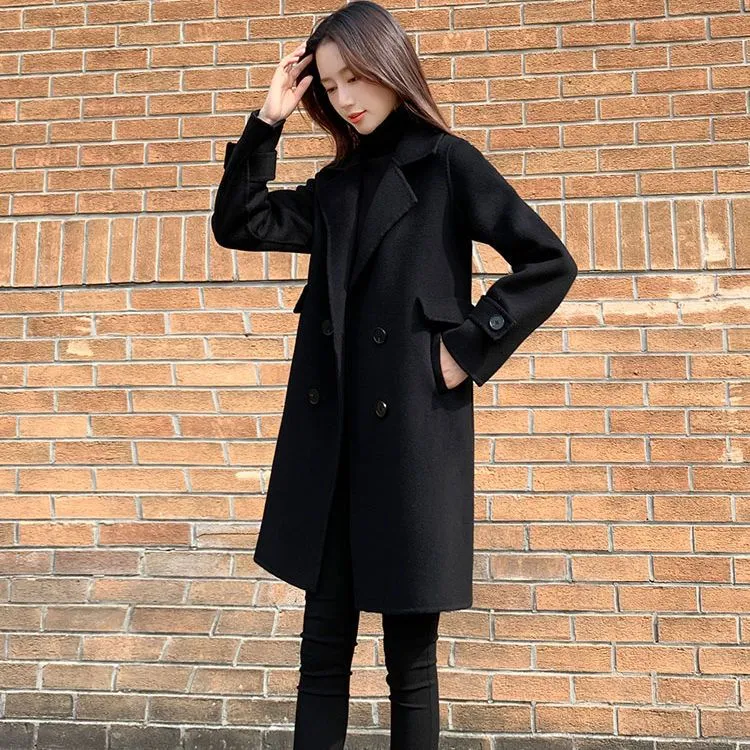 【常规里布/夹棉里布】2024冬季黑色毛呢外套女中长款腰带你大衣