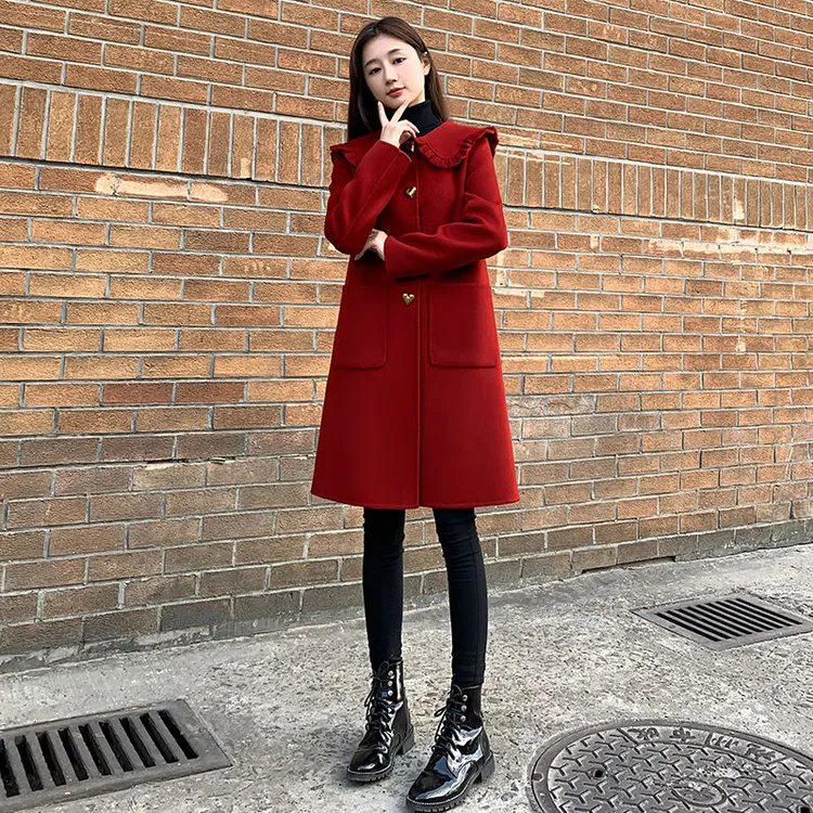圣诞节红色大衣女2024冬娃娃领中长款结婚小个子春节过年毛呢外套