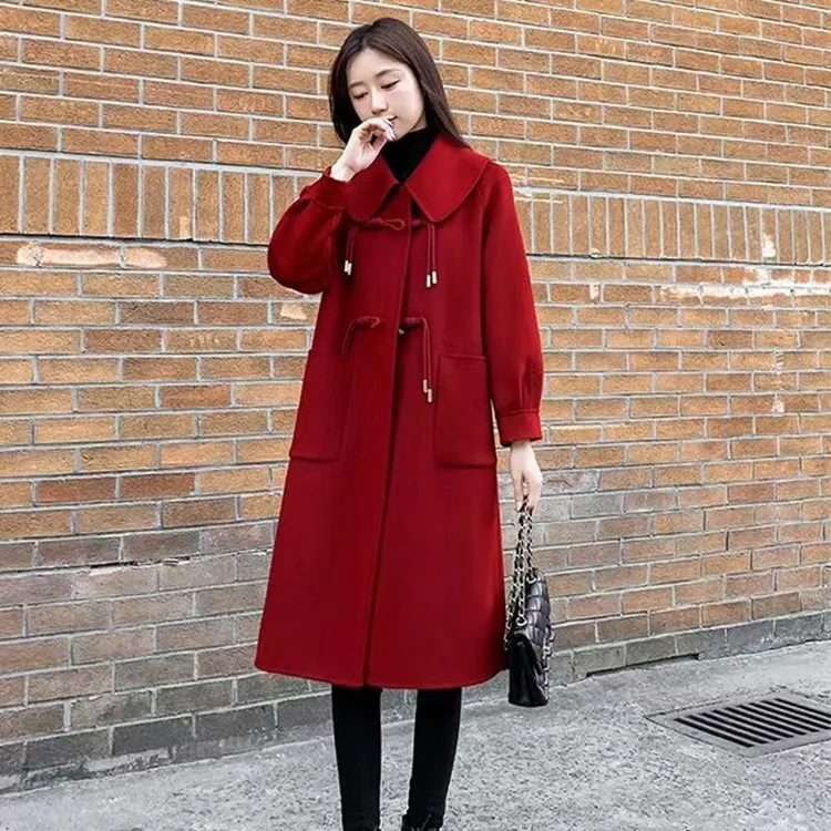 2023显瘦秋冬洋气韩版中长款毛呢外套时尚气质红色牛角扣冬季宽松