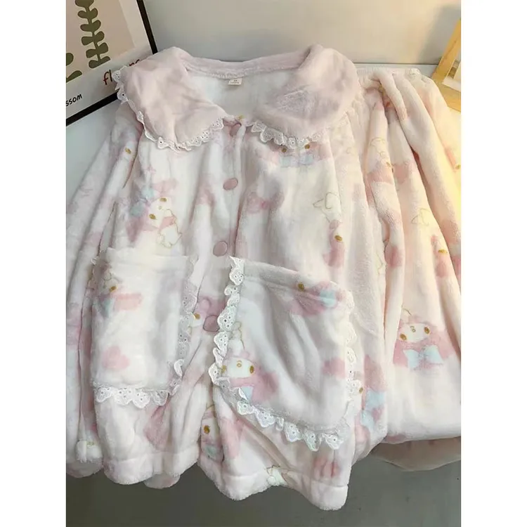 法兰绒睡衣女秋冬季加绒加厚日系甜美可爱美乐蒂娃娃领家居服套装