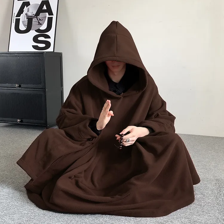 新中式加厚摇粒绒披风外套男秋冬季中国风僧服加绒加厚连帽打坐服