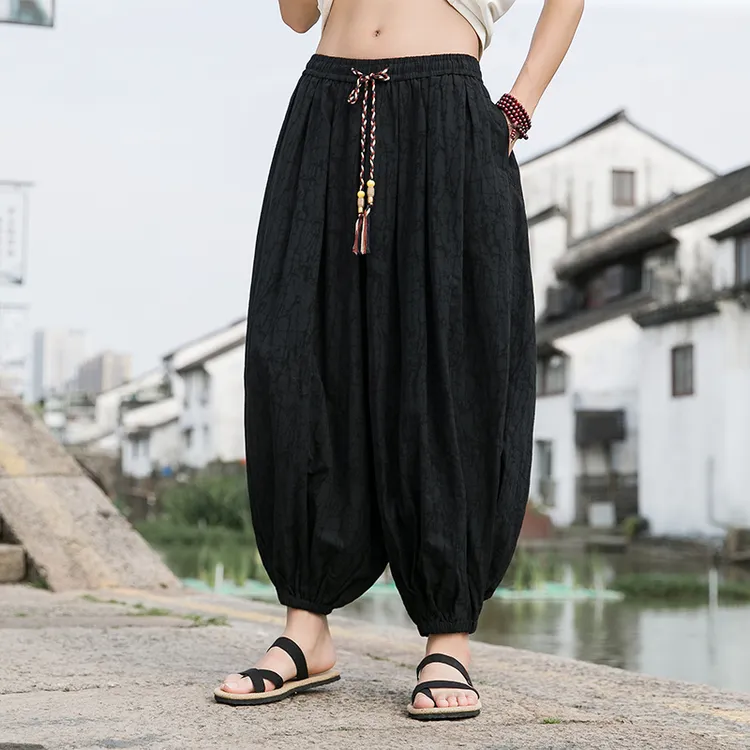 中国风九分裤子男士宽松棉麻休闲灯笼裤夏季薄款大码肥佬哈伦裤潮