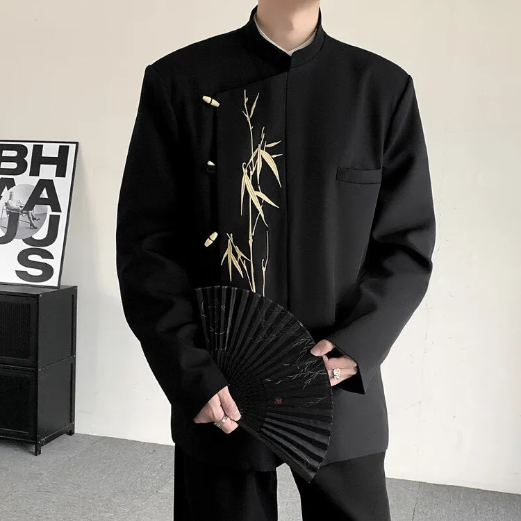 新中式中国风竹子刺绣中山装立领西服外套男秋冬季大码休闲小西装