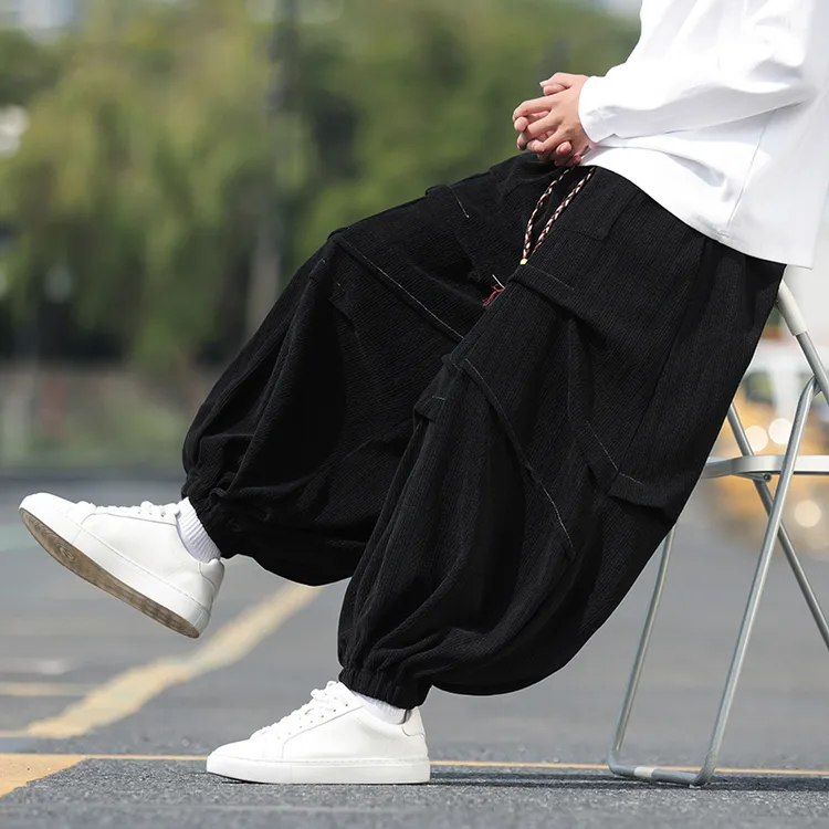 国潮大码肥佬阔腿灯笼裤男士褶皱设计感灯芯绒卫裤宽松束脚哈伦裤