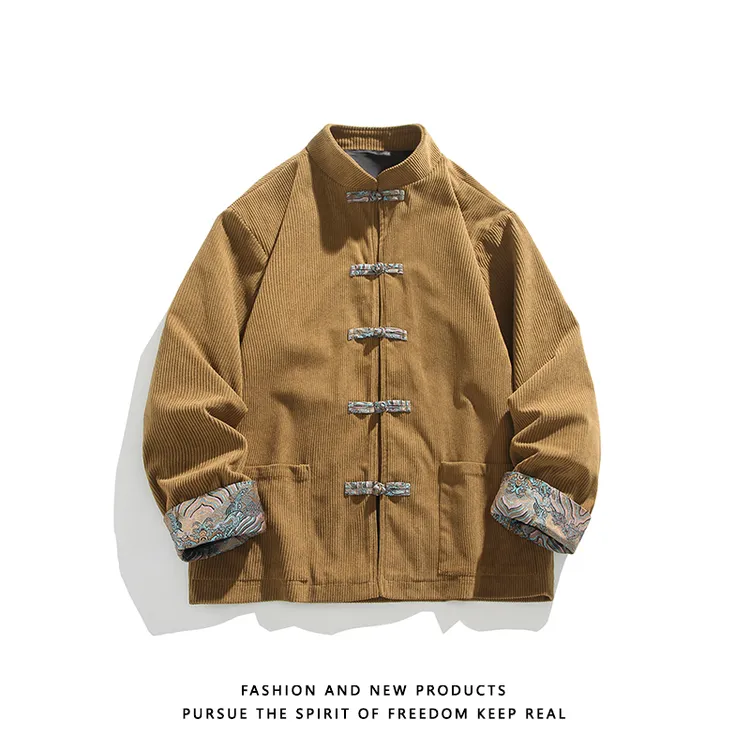 秋冬季灯芯绒夹克男士立领唐装中国风提花袖口拼接大码中山装外套