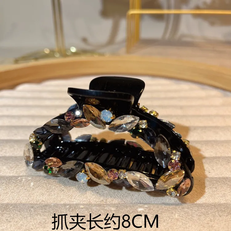 约8公分新款黑色半圆型小叶子彩钻抓夹气质时尚百搭满钻韩版发饰