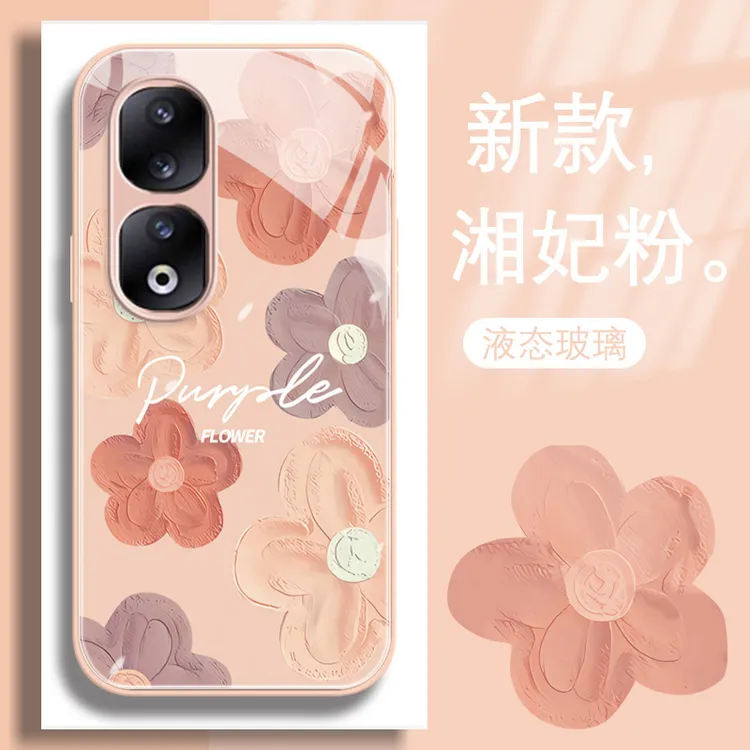 荣耀90PRO手机壳全包防摔油画花朵玻璃简约高级感潮女新款保护套